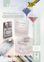 Dekorkarton, 2 oldalas, 25x35 cm, 13 lap, 250 g, FOLIA, 13 különböző gyöngyház szín