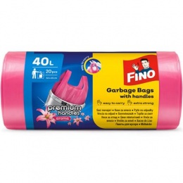 Szemeteszsák, köthető füles, illatosított, 40 l, 20 db, 52x61 cm, 16 µ, FINO "Premium handles", rózsaszín